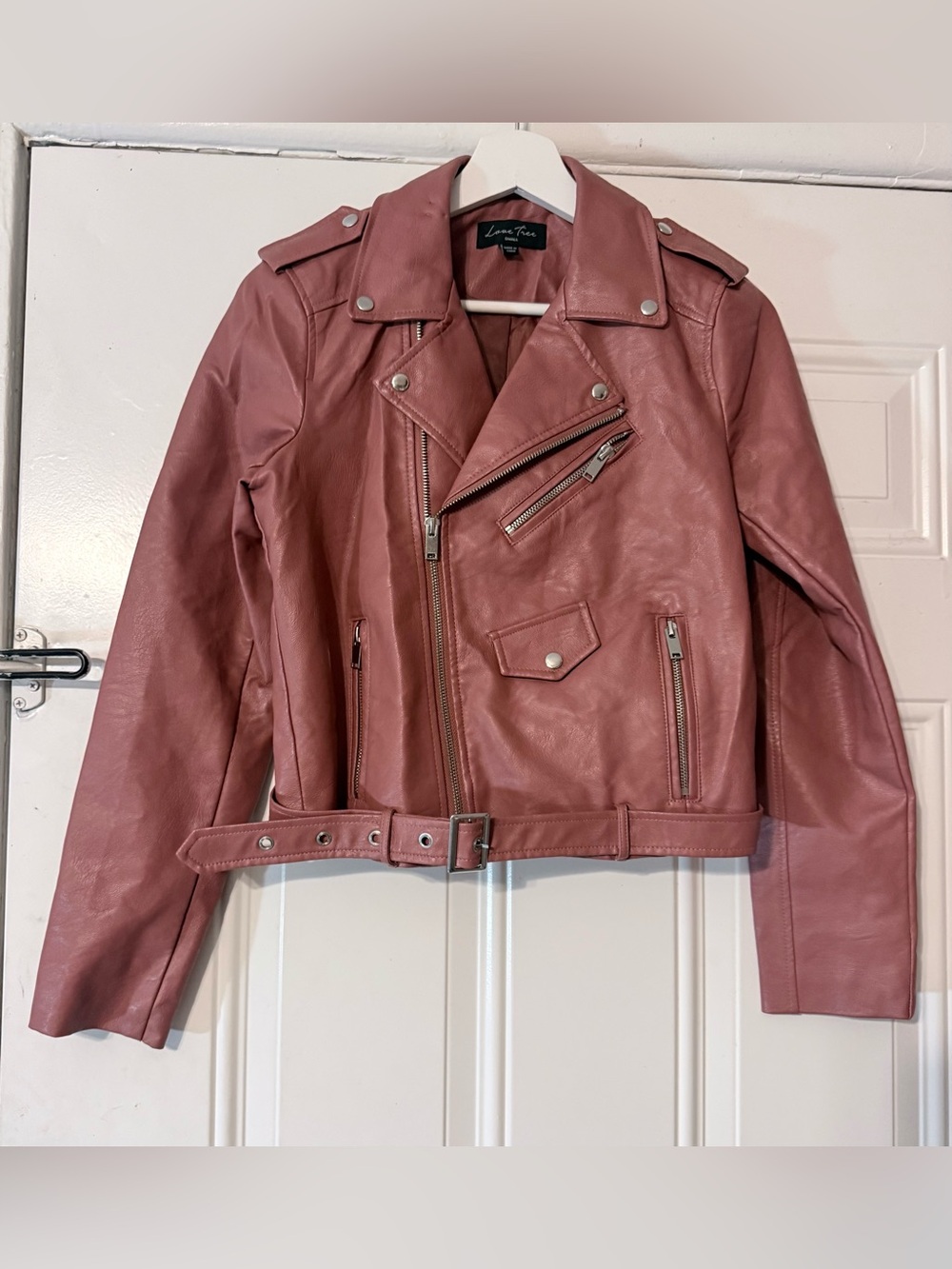 Love Tree Dusty Rose Faux Leather Moto Jacket